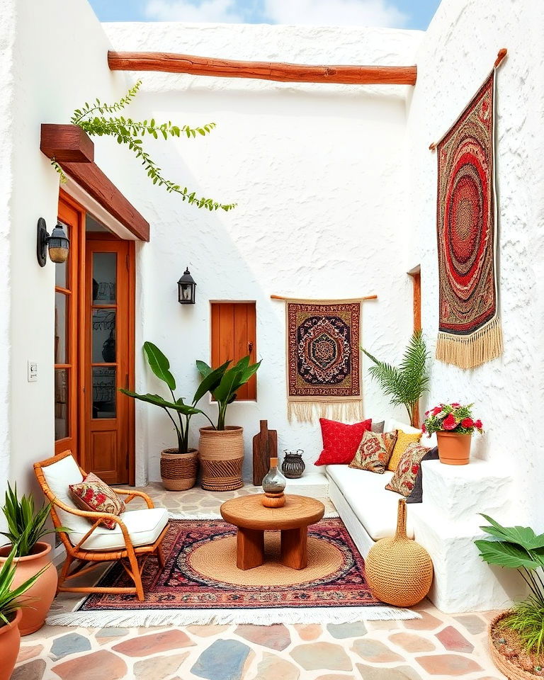 textured white walls for boho house exterior - 20 Boho House Exterior Ideas