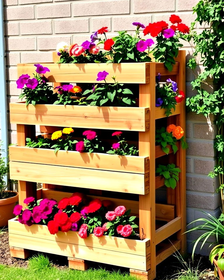 tiered pallet flower boxes - 20 Vertical Pallet Garden Ideas