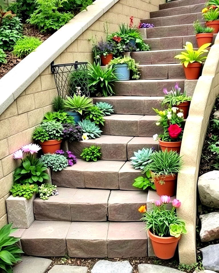 tiered plant staircases for small garden - 20 Garden Stairs Ideas