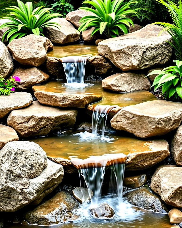 tiered rock waterfall stream - 25 Small Garden Stream Ideas