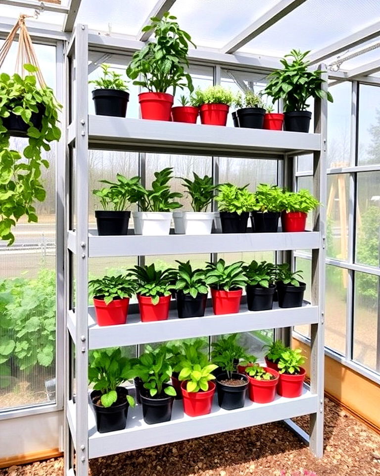 tiered shelving system for vertical gardening - 25 Greenhouse Shelving Ideas
