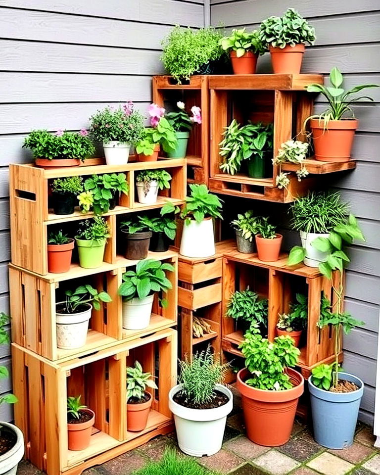 tiered wooden crates for potted plants - 15 Corner Garden Ideas With Pots