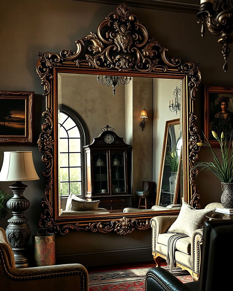 timeless antique mirror with ornate frame - 20 Whimsigoth Living Room Ideas
