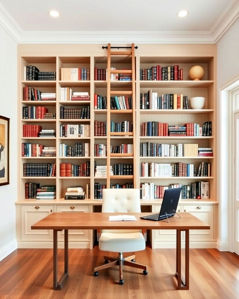 timeless charm library wall with sliding ladder - 25 Home Office Library Ideas