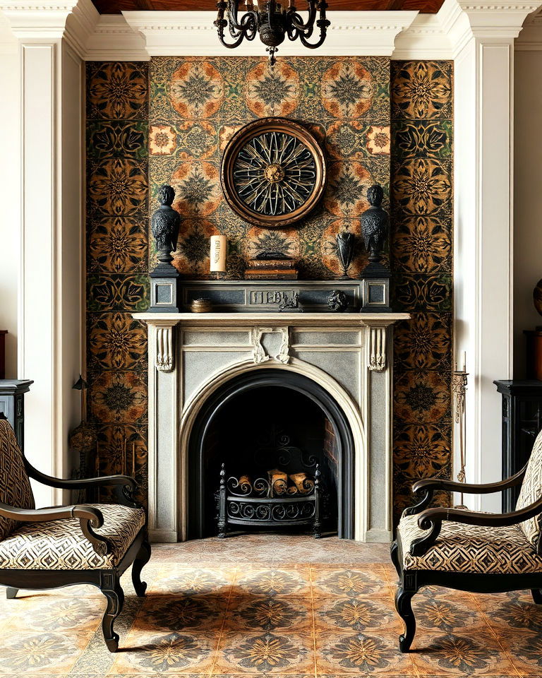 timeless vintage tile accents around the fireplace - 15 Dark Academia Fireplace Ideas