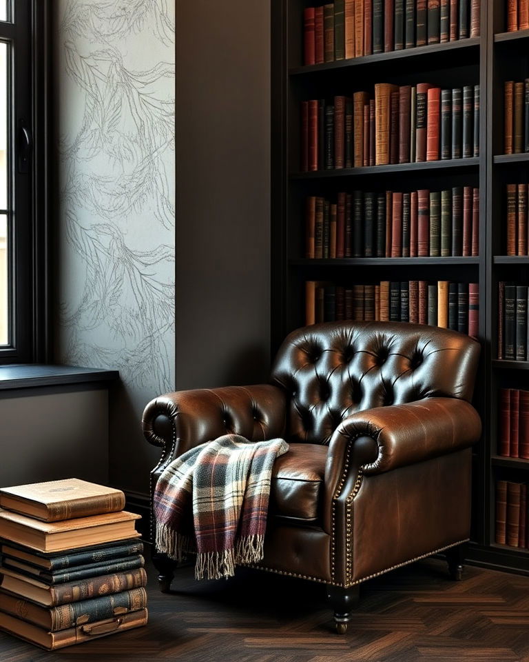 timeless weathered leather armchair - 15 Dark Academia Study Room Ideas