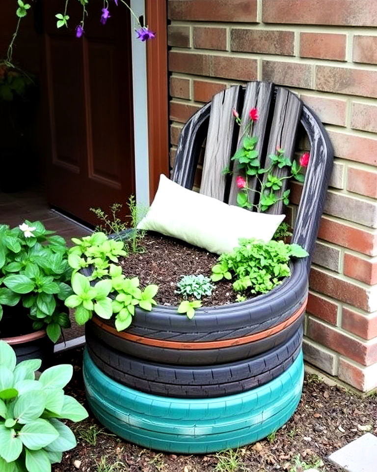 tire chair planter for garden - 25 Tire Garden Ideas