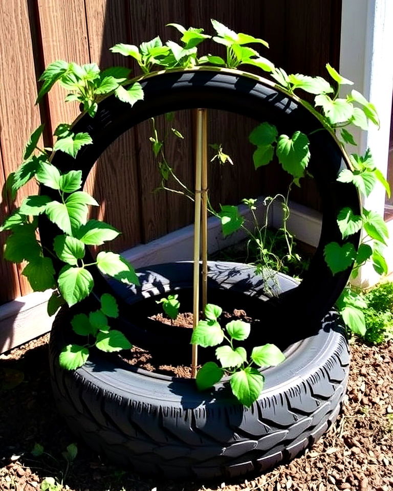 tire garden vegetable trellis - 25 Tire Garden Ideas