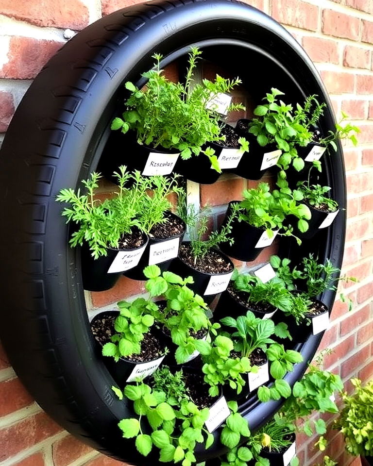 tire hanging herb wall - 25 Tire Garden Ideas