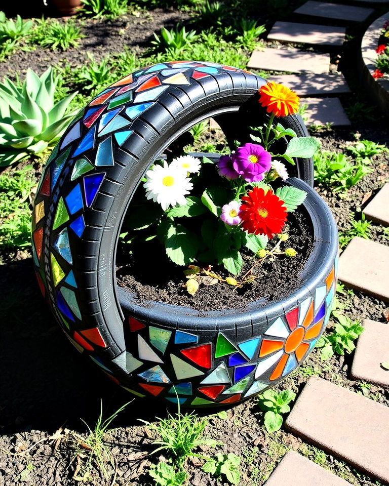 tire mosaic planter - 25 Tire Garden Ideas