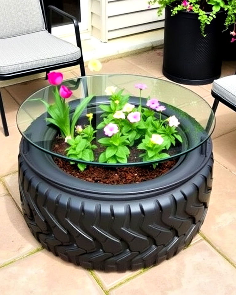 tire patio table planter - 25 Tire Garden Ideas