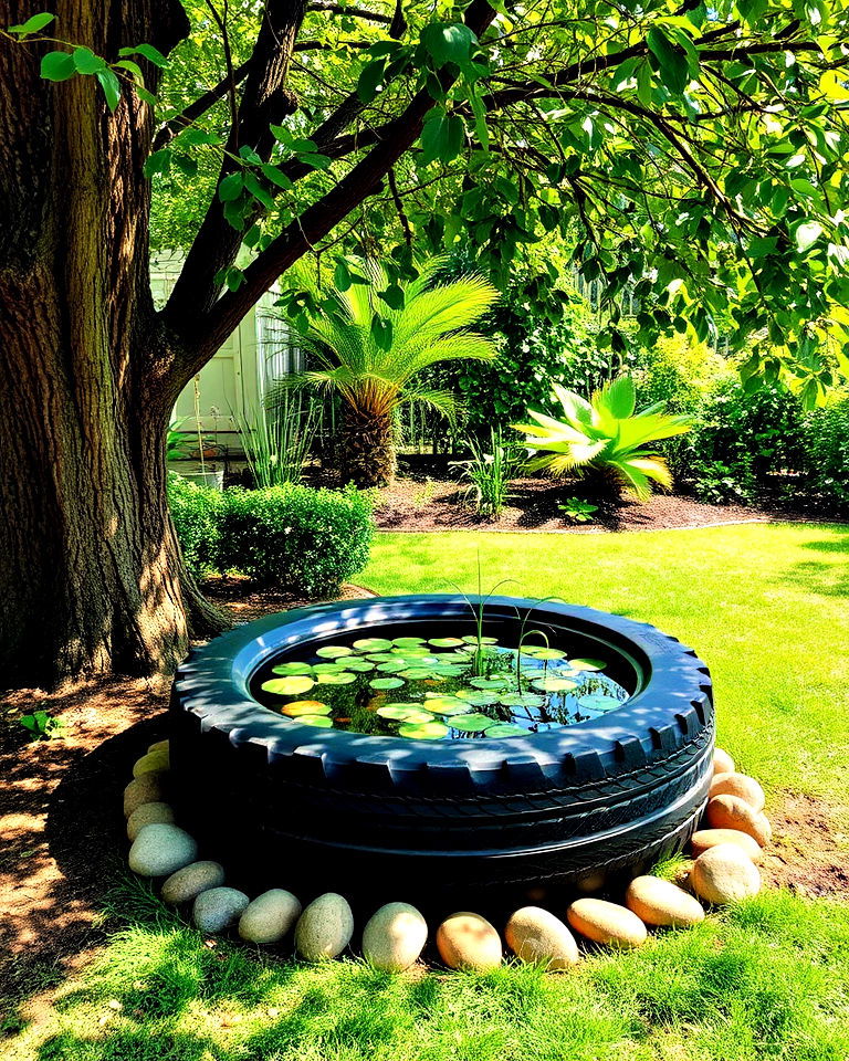 tire pond under tree - 25 Tire Garden Ideas