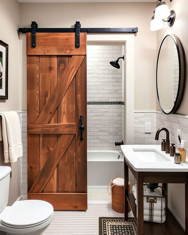 traditional bathroom sliding barn door - 25 Small Rustic Bathroom Ideas