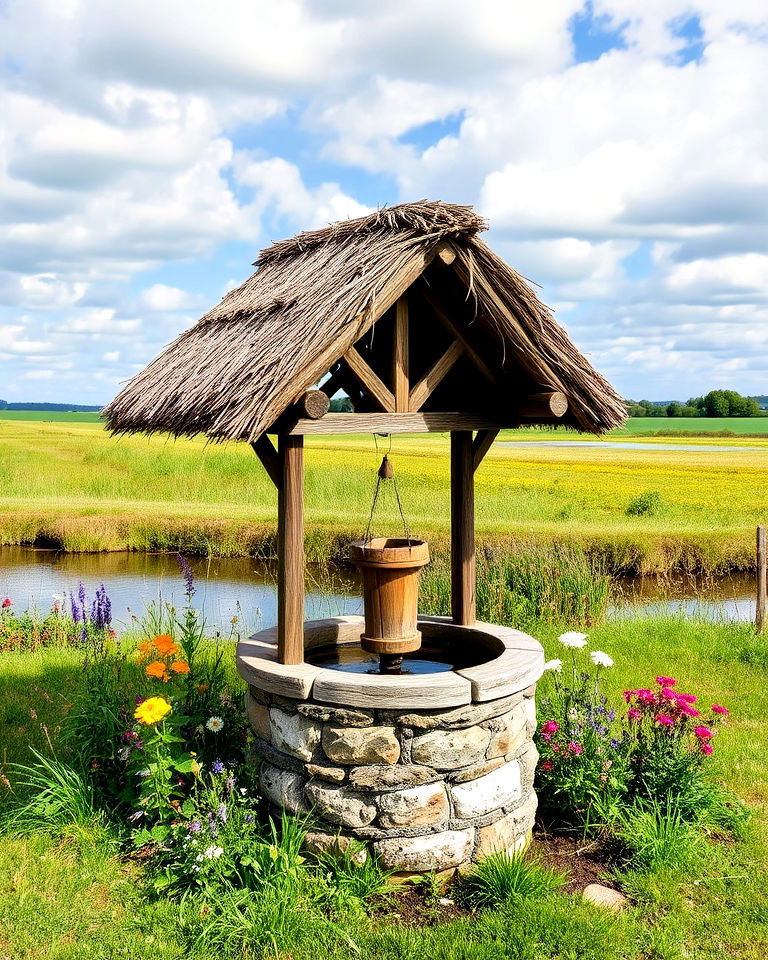 traditional thatched roof wishing well - 15 Outdoor Wishing Well Garden Ideas
