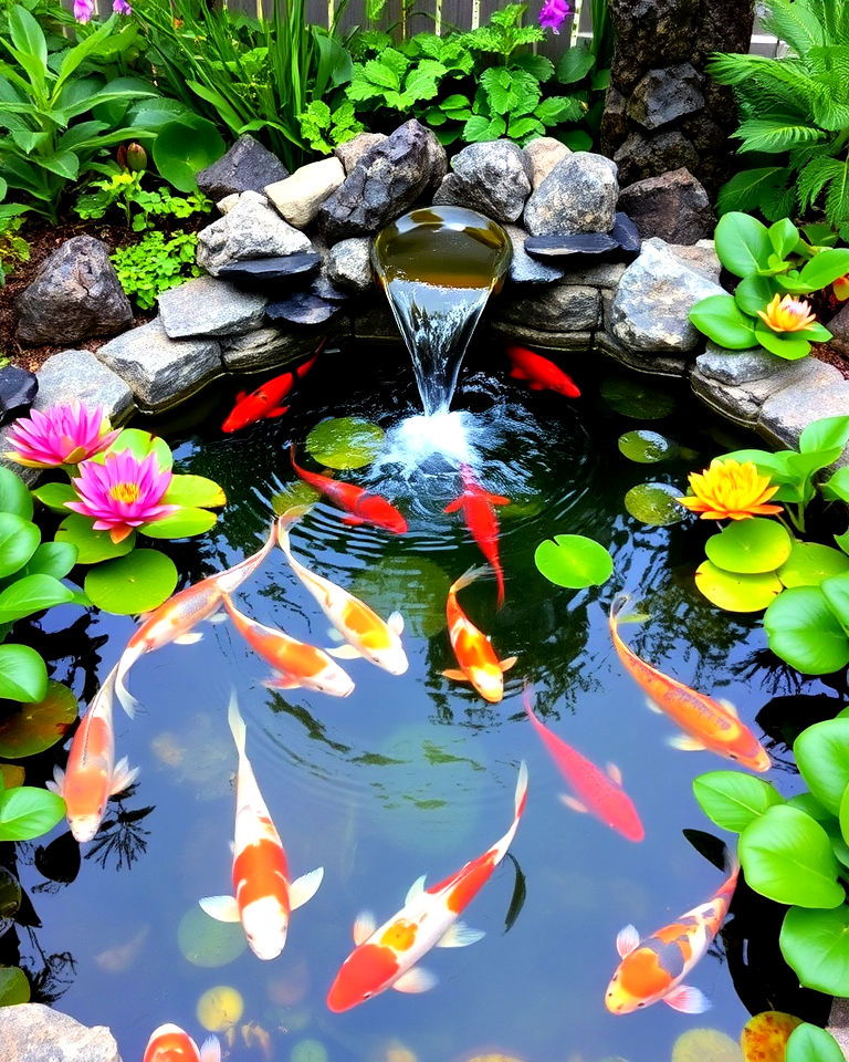 tranquil koi pond in garden - 20 Water Garden Ideas