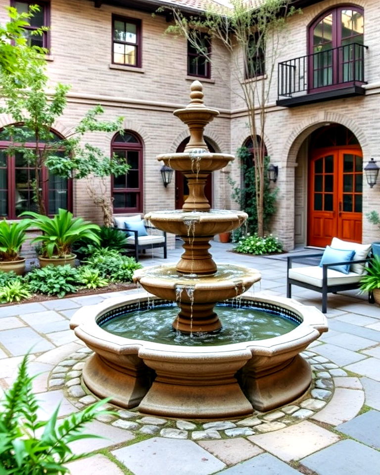 tranquil water fountain for modern courtyard - 25 Front Yard Courtyard Ideas