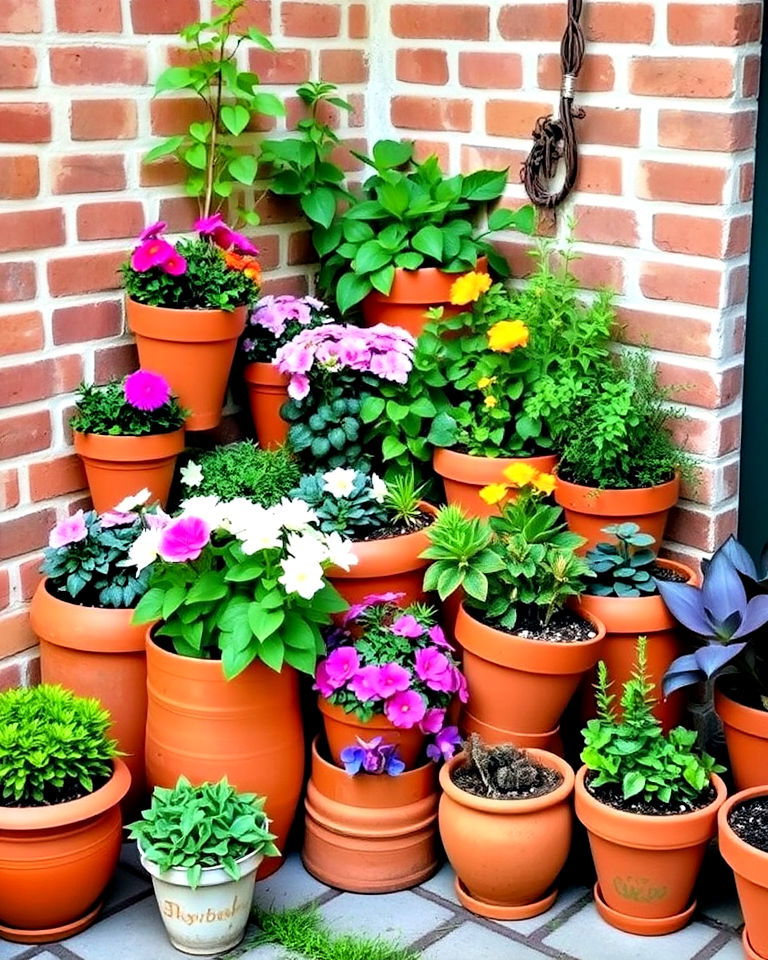 transform a garden corner clustered terracotta pots - 15 Corner Garden Ideas With Pots