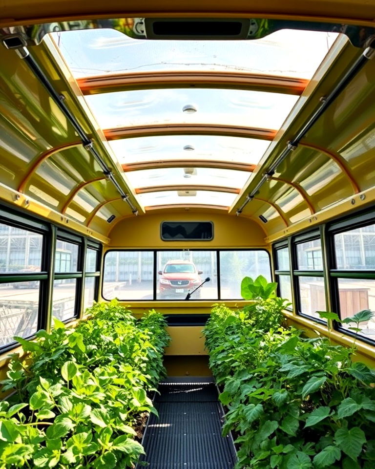 transparent roof panels for maximum sunlight - 15 School Bus Greenhouse Ideas