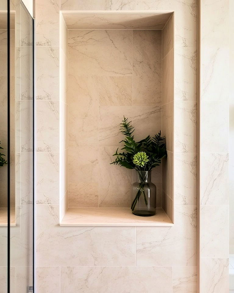 travertine accent tiles in the shower niche - 25 Travertine Bathroom Ideas