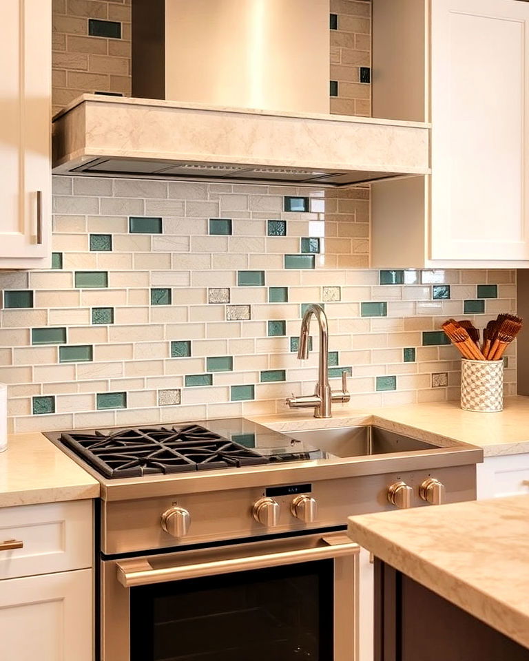 travertine and glass combo backsplash - 15 Travertine Kitchen Backsplash Ideas