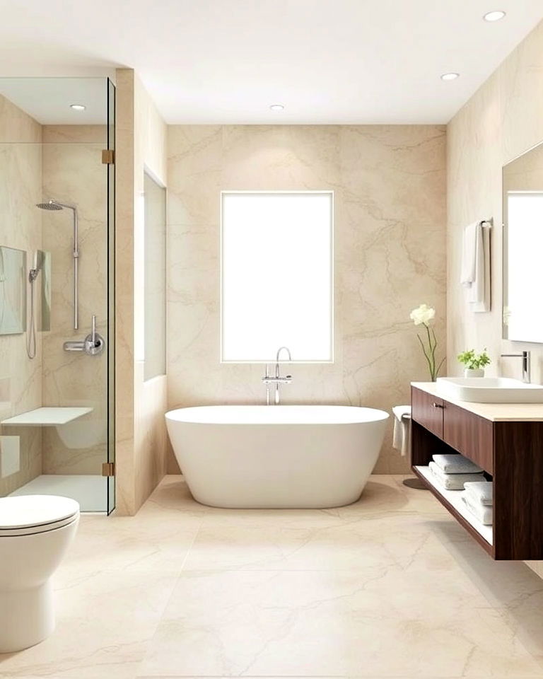 travertine and glass for a contemporary look - 25 Travertine Bathroom Ideas