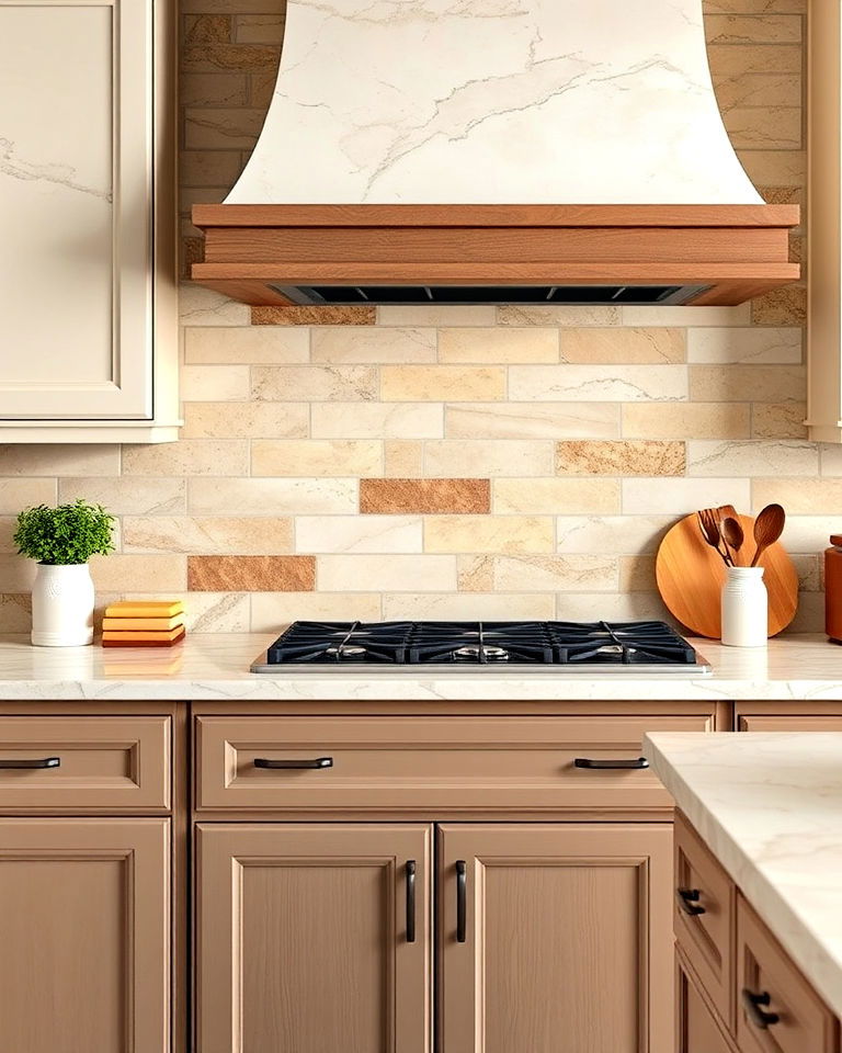 travertine backsplash with mixed color palette - 15 Travertine Kitchen Backsplash Ideas