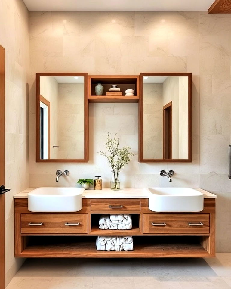travertine bathroom with natural wood accents - 25 Travertine Bathroom Ideas