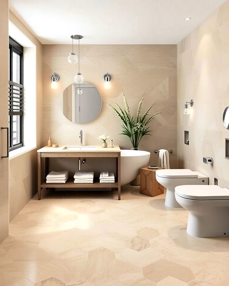 travertine flooring with geometric patterns - 25 Travertine Bathroom Ideas