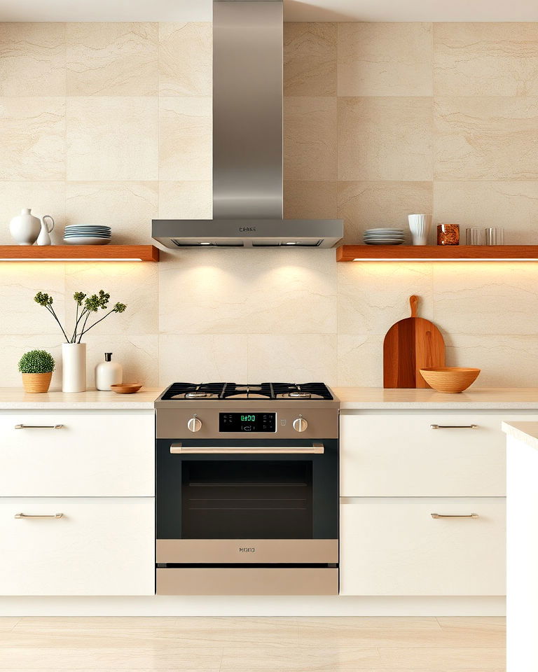 travertine tiles backsplash with minimal grout lines - 15 Travertine Kitchen Backsplash Ideas