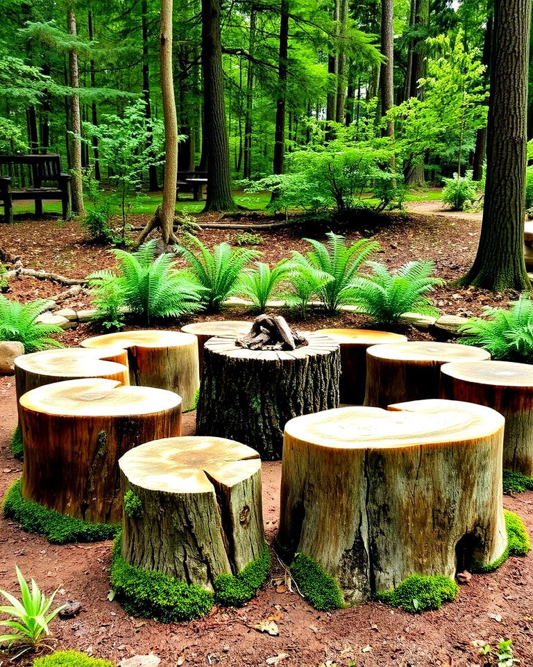 tree stump seating in a natural landscape - 25 Front Yard Sitting Area Ideas