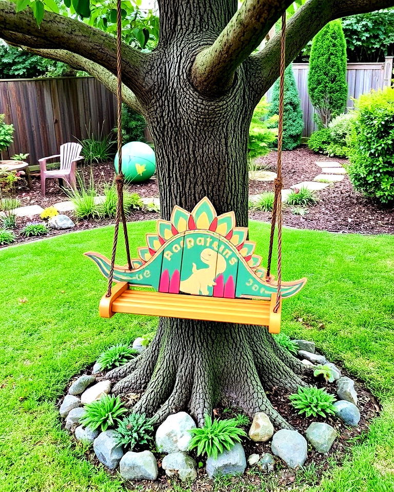 tree swing with dinosaur themed designs - 15 Dinosaur Garden Ideas
