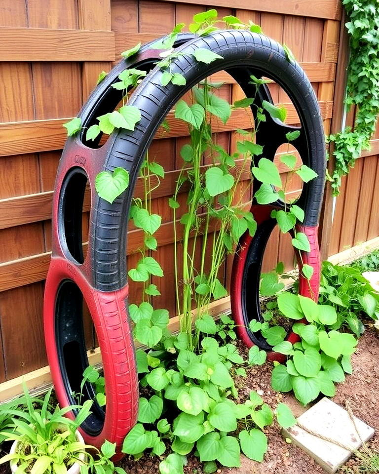 trellises for climbing plants using tyres - 25 Recycled Tyre Garden Art Ideas
