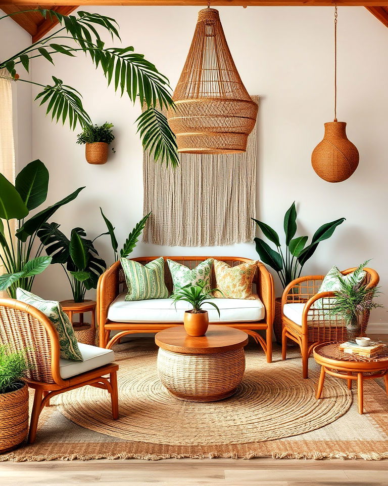 tropical bohemian living room with natural accents - 15 Bohemian Tropical Bohemian Decor