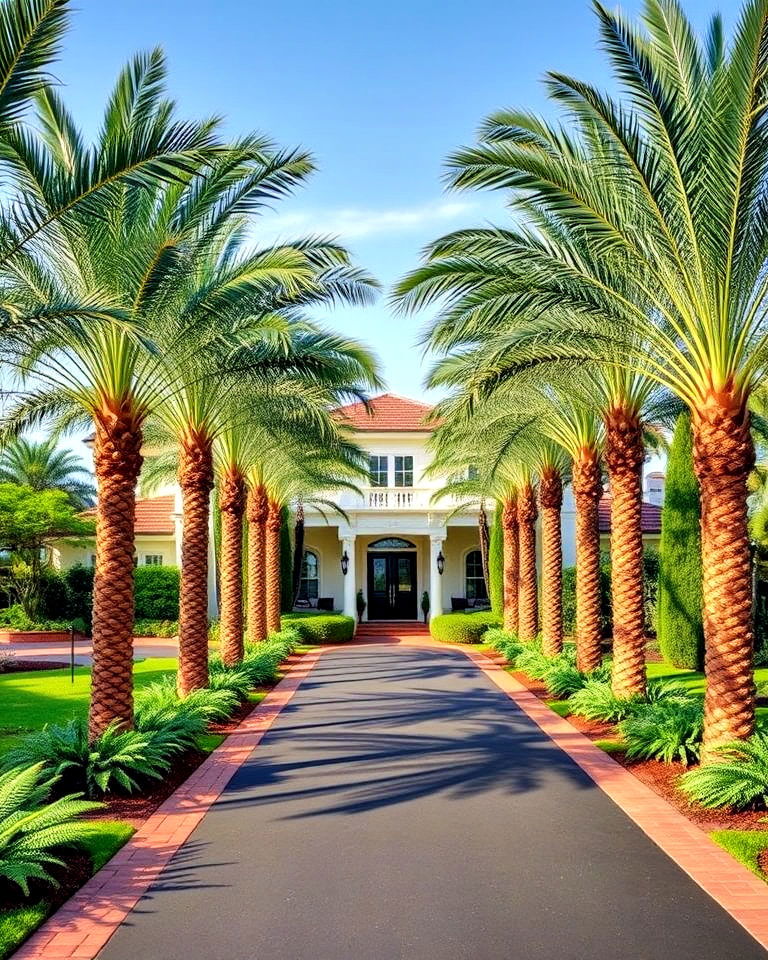 tropical entryway with palm lined pathway - 25 Front Yard Palm Tree Landscape Design Ideas