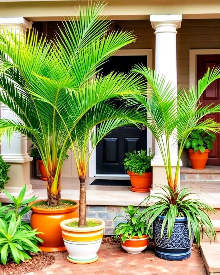 tropical flair with palm varieties - 20 Front Yard Landscaping With Potted Plants
