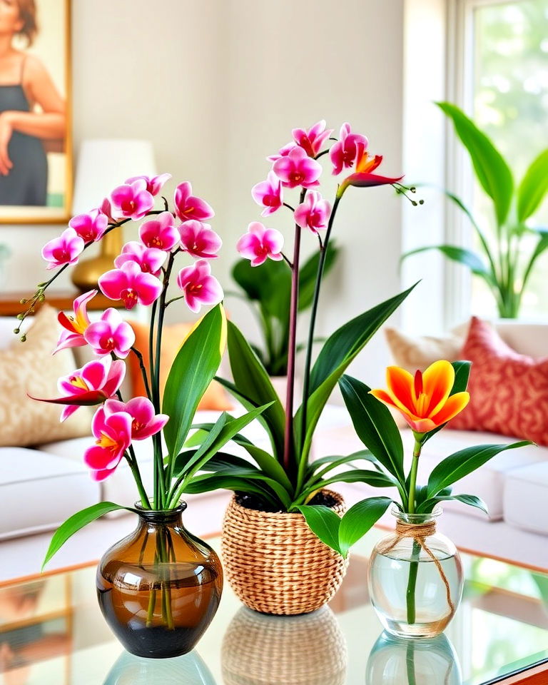 tropical flower arrangements for your living room - 20 Tropical Living Room Ideas