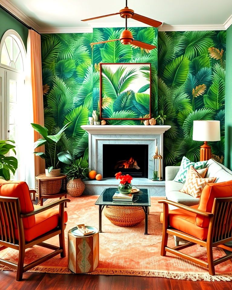 tropical inspired green and orange living space - 25 Green and Orange Living Room Ideas