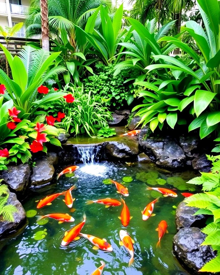 tropical koi pond with waterfall and plants - 15 Koi Pond Ideas With Waterfall