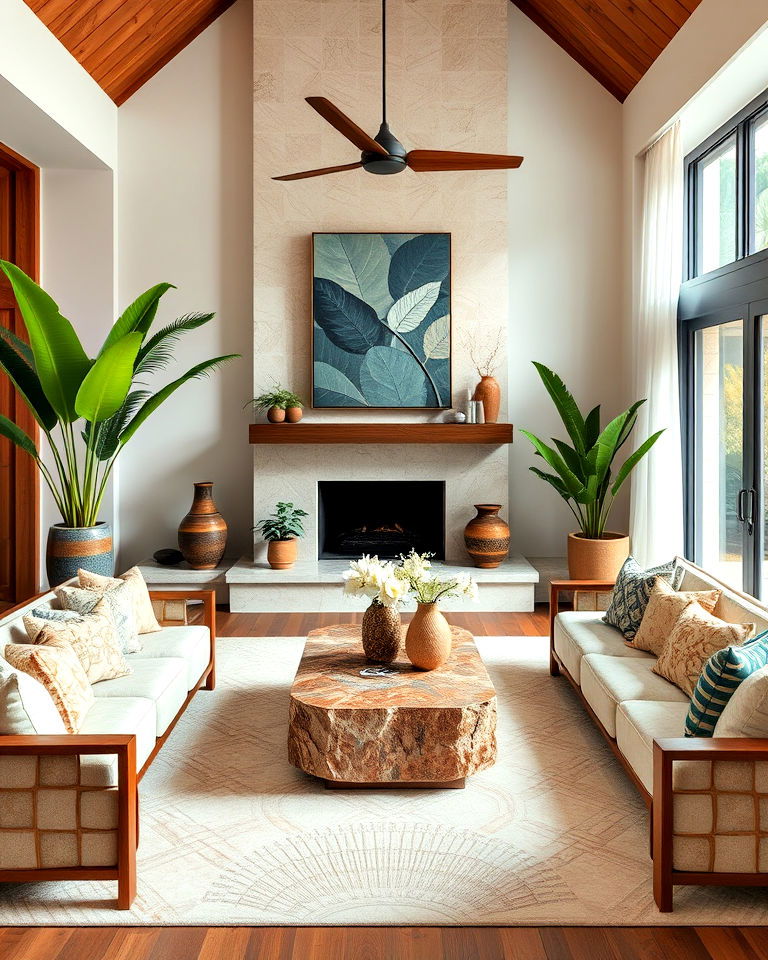 tropical living room with earthy stone elements - 20 Tropical Living Room Ideas