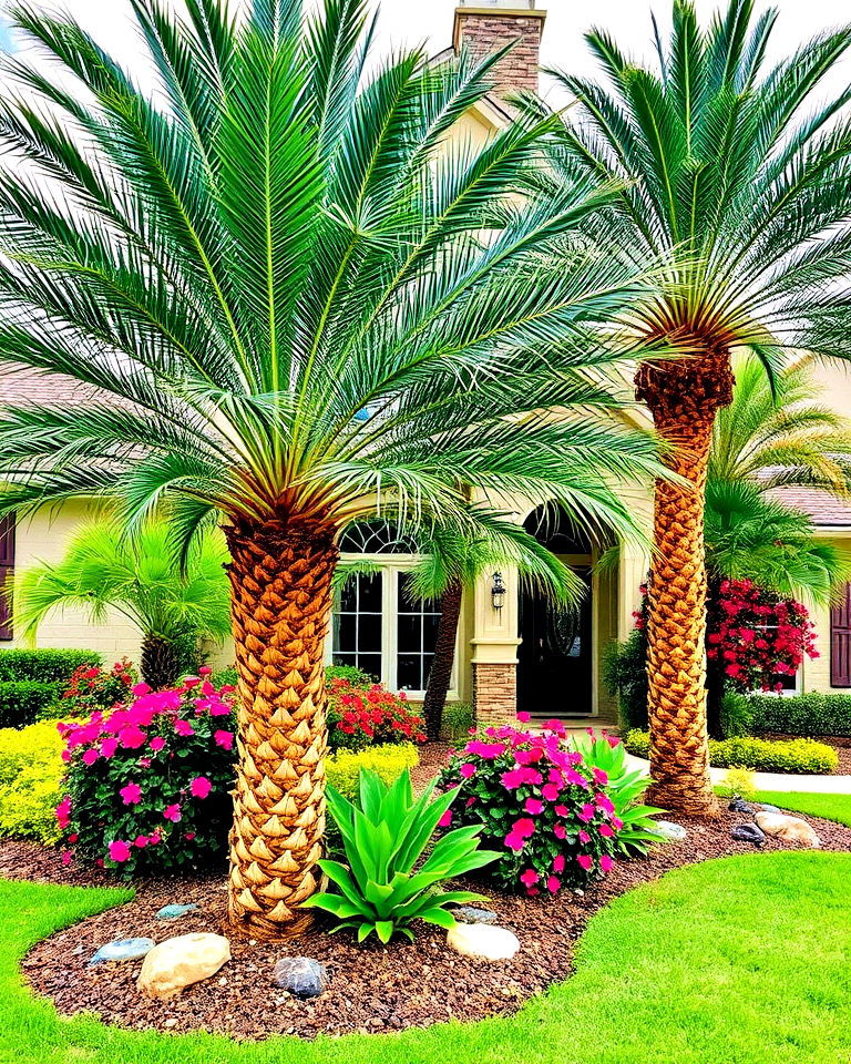 tropical oasis with multi tiered palm varieties - 25 Front Yard Palm Tree Landscape Design Ideas