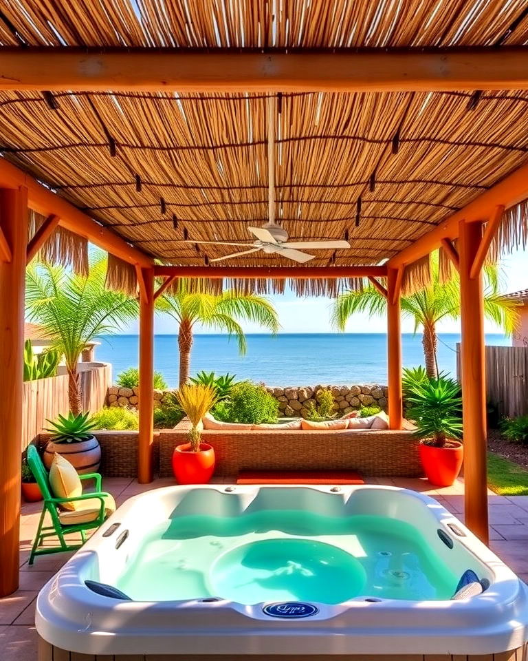 tropical style pergola with thatch roof - 15 Hot Tub Pergola Ideas