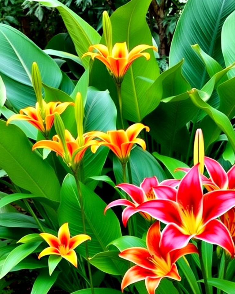 tropical themed garden with bold lilies - 15 Lily Garden Ideas