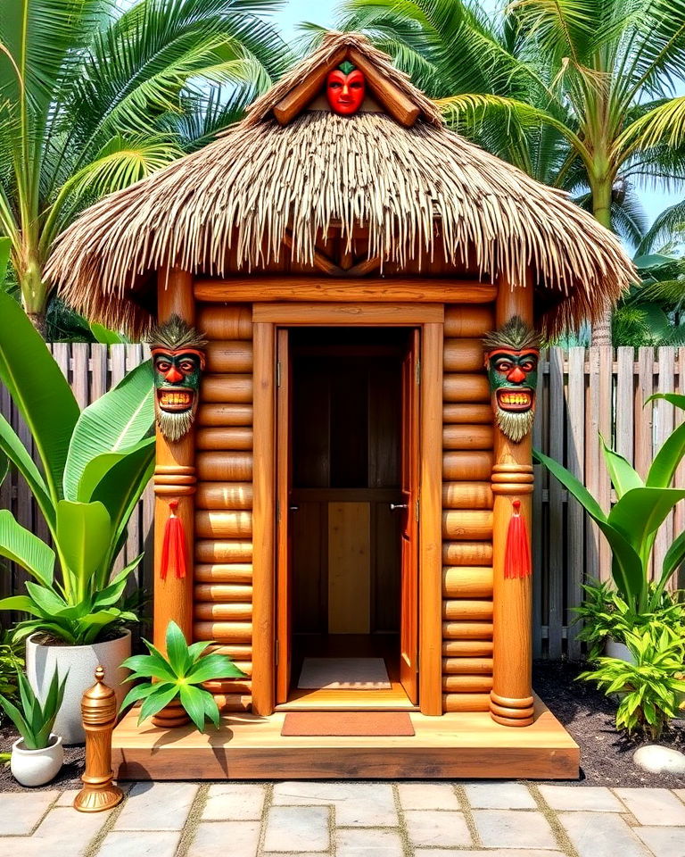 tropical vibes into tiki inspired outhouse - 15 Outhouse Design Ideas