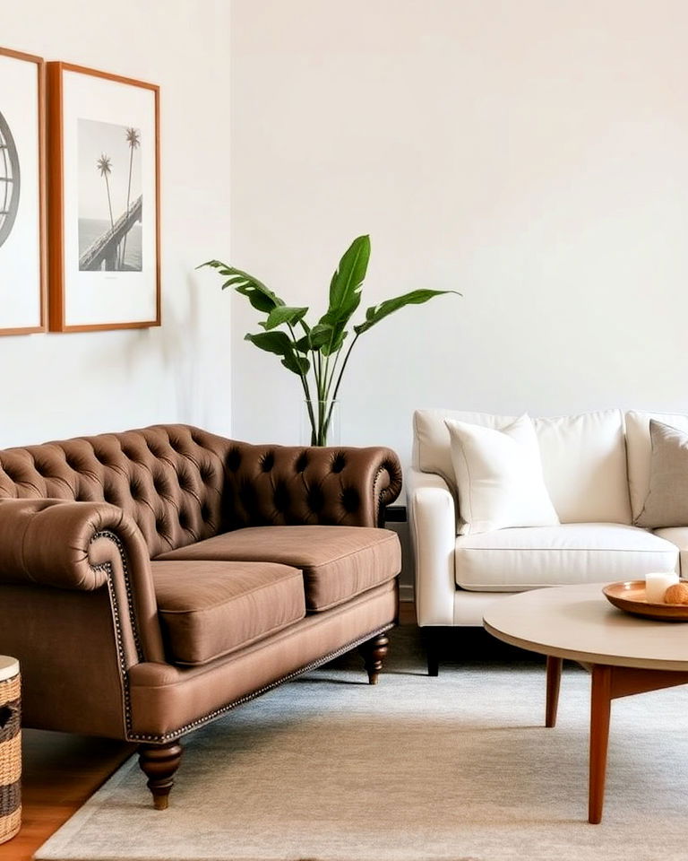 tufted chesterfield sofa with a clean lined mid century couch - 15 Mismatched Sofas in Living Room Ideas