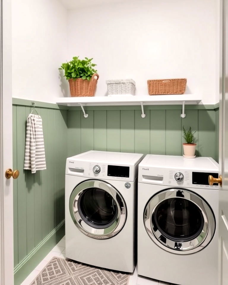 two toned sage green and white laundry room walls - 20 Sage Green Laundry Room Ideas
