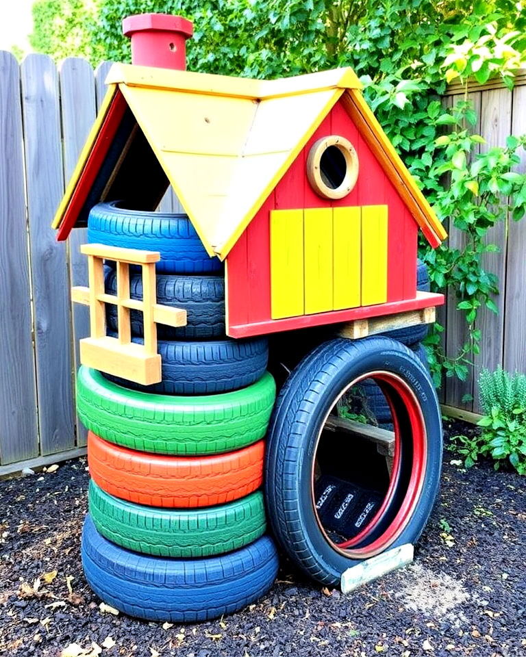 tyre playhouse for children - 25 Recycled Tyre Garden Art Ideas