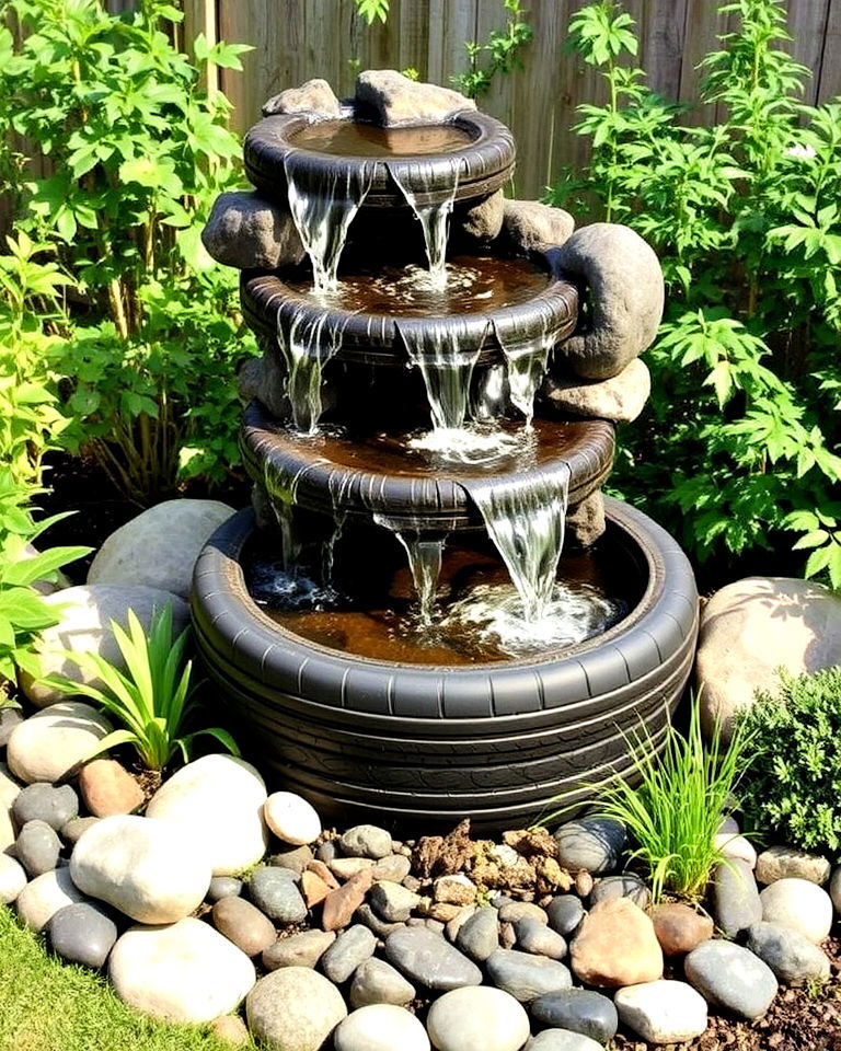 tyre waterfalls garden - 25 Recycled Tyre Garden Art Ideas