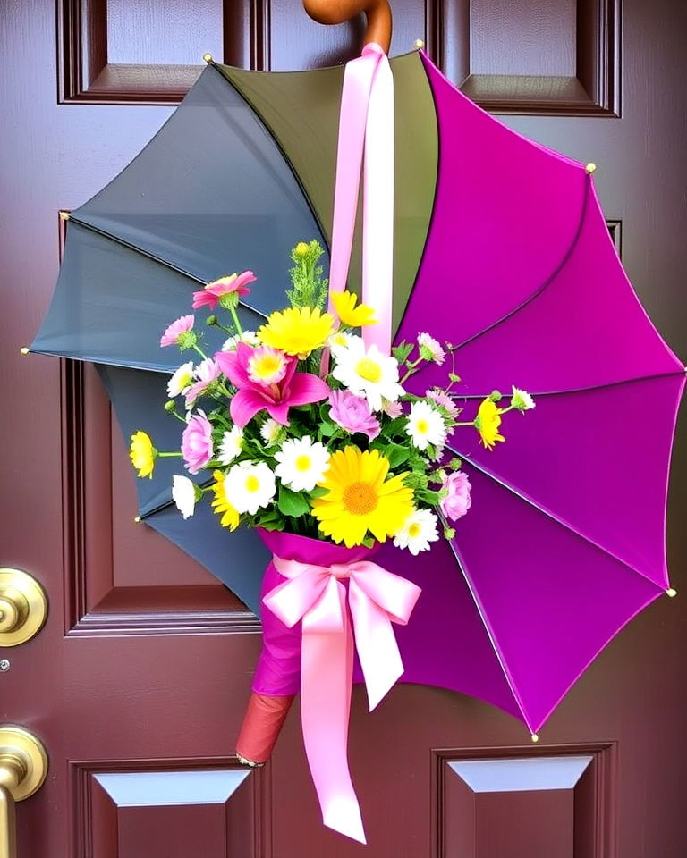 umbrella into a unique door hanger - 15 Spring Front Door Decor Ideas