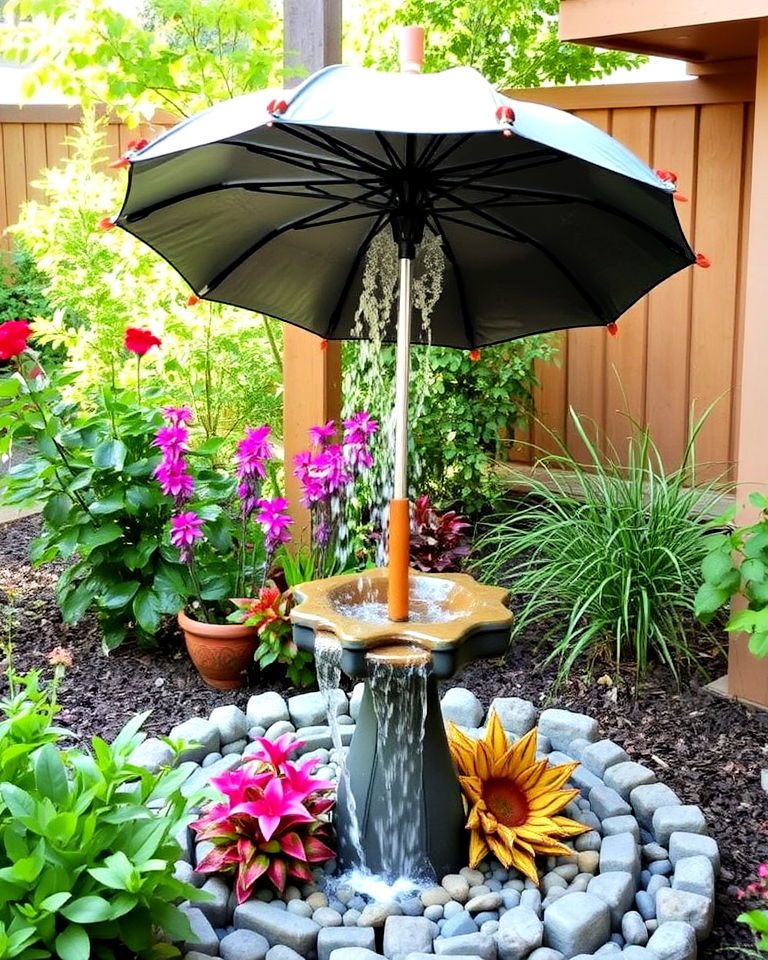 umbrella water fountain for garden - 20 Whimsical Garden Ideas