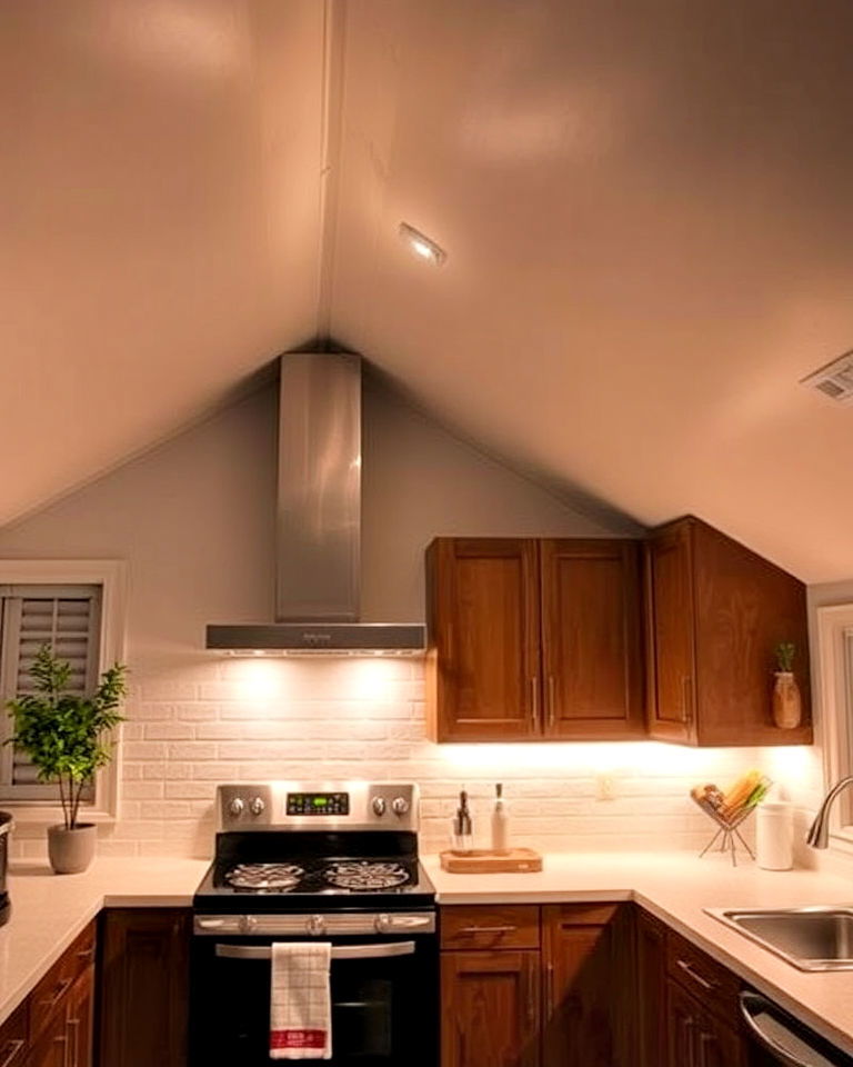 under cabinet lighting for depth - 15 Sloped Ceiling Kitchen Ideas